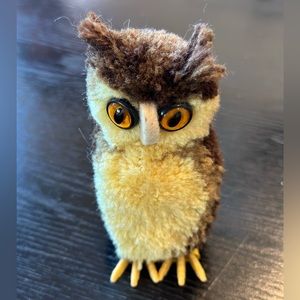 Steiff Woolen Owl 9cm 3.5in Wool Yarn Pom Poms 1970s W/ Tag And Metal Id